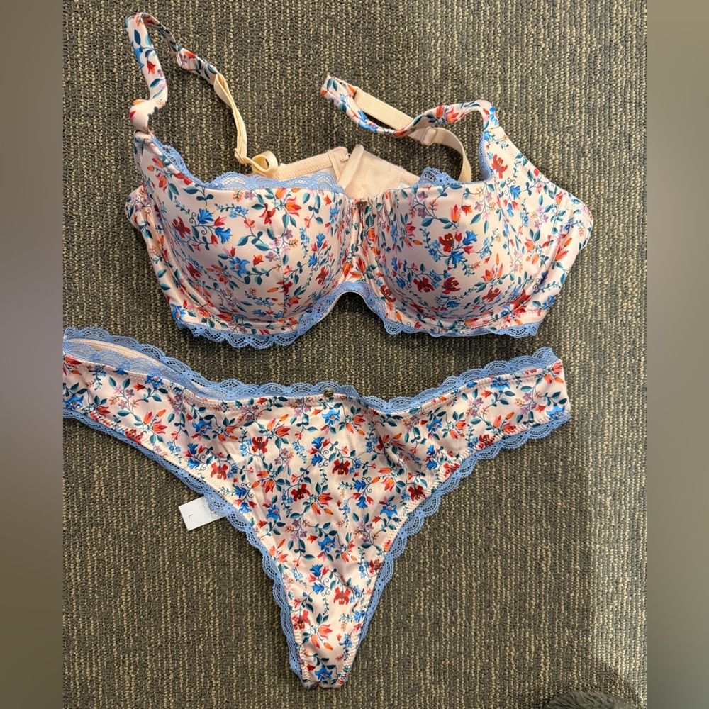 Adore Me Floral Print Bra and Panty Set with Blue Lace